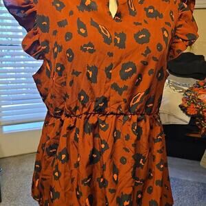 Shein Curve Leopard print dress. Ruffle collar/sleeves. Front button on collar.